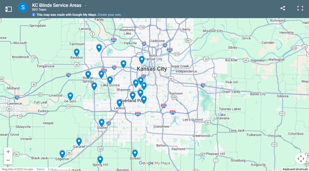 KC Blinds Service Areas Map - Kansas City Metro