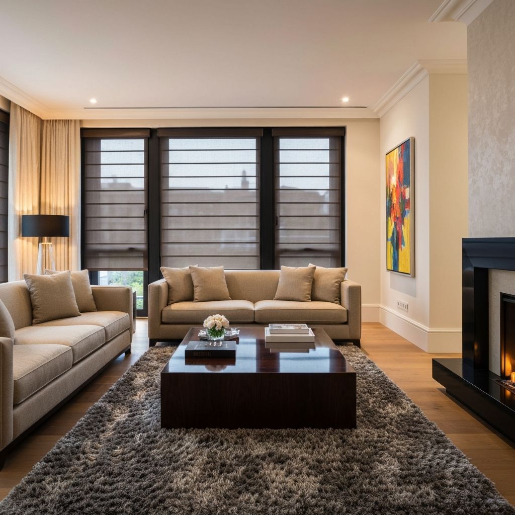 Luxury living room with custom window treatments